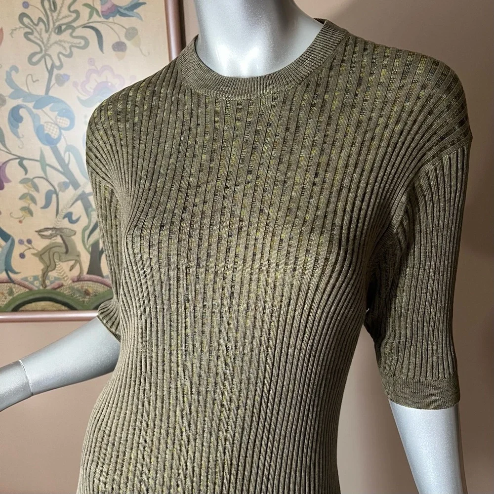 Baracuta 100% Silk Sweater Top Olive Green Ribbed Soft & Stretchy Size LARGE